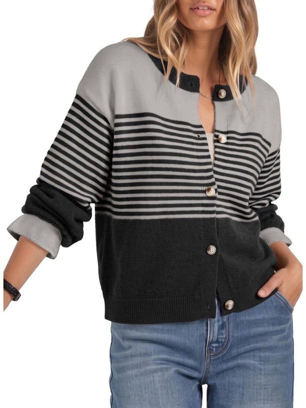 Cardigan Sweaters for Women Striped Long Sleeve Cropped Cardigan